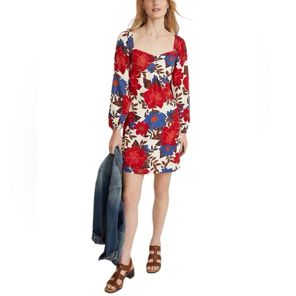 Floral NEW Sweetheart Neck Blouson Sleeves Cottagecore Boho Babydoll Dress Sz. L - Picture 1 of 5